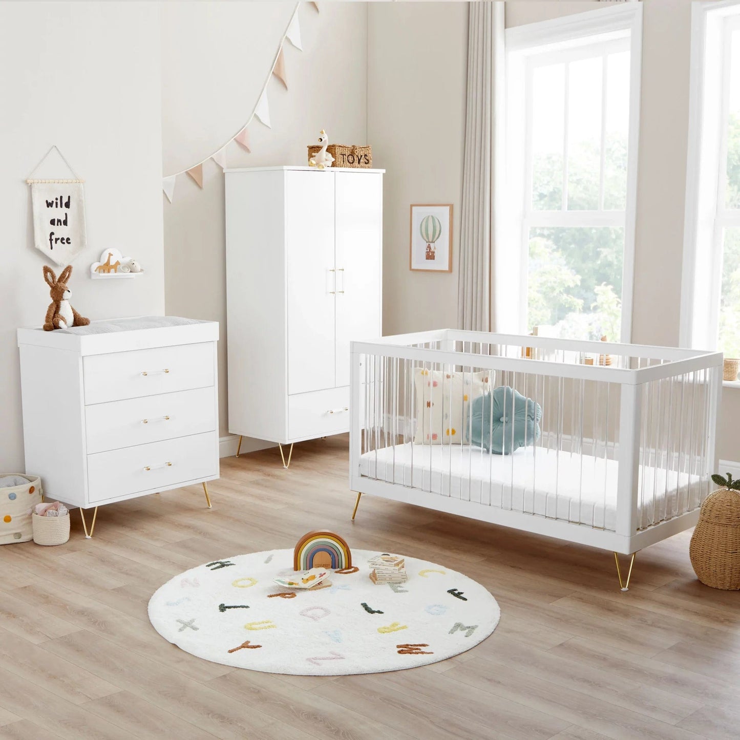 Kimi Acrylic XL 3 Piece Nursery Furniture in White and Gold Babymore