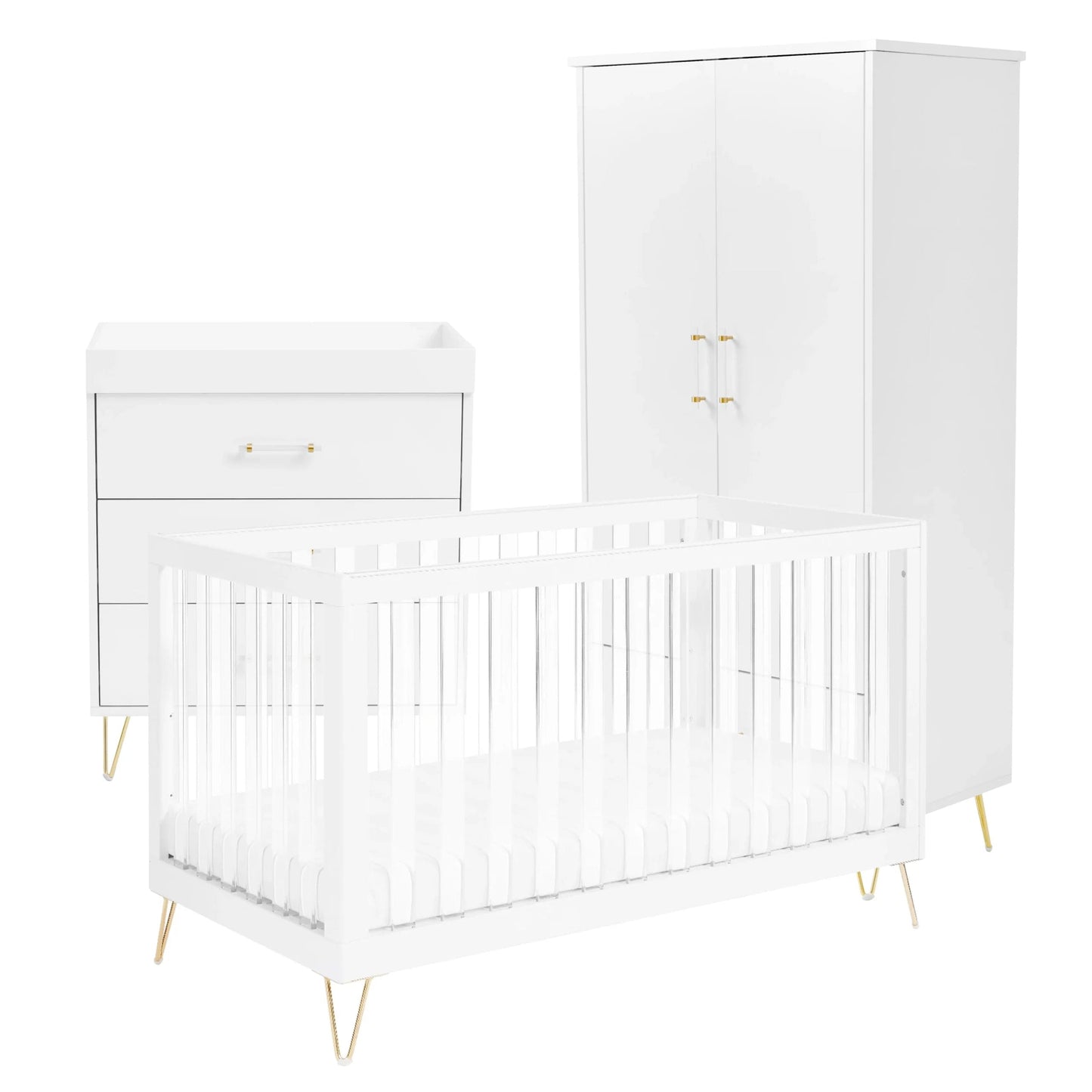 Kimi Acrylic XL 3 Piece Nursery Furniture in White and Gold Babymore