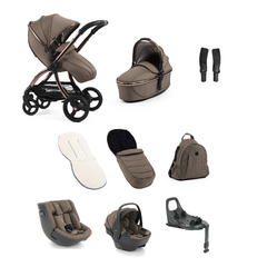 Brown egg3 mink all stages 360 stroller with black wheels black handlebars and sleek metallic frame shown from back side