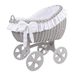 MJ Marks Bianca Grey and White Wicker Crib with Bedding - Heart Wheels