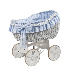 MJ Marks Bianca White and Blue Wicker Crib with Bedding - Heart Wheels