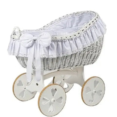 MJ Marks Bianca White and White Lace Wicker Crib with Bedding - Heart Wheels