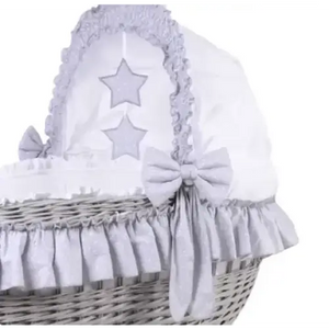 MJ Marks Cloud & Stars Grey Heart Wicker Crib with Bedding
