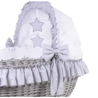 MJ Marks Cloud & Stars Grey Heart Wicker Crib with Bedding