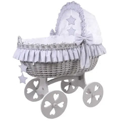 MJ Marks Cloud & Stars Grey Heart Wicker Crib with Bedding