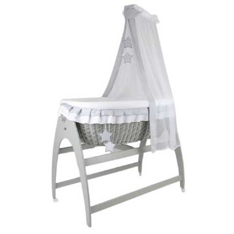 MJ Marks Miranda Grey Wicker Swinging Crib with Grey Stars Bedding & Drapes