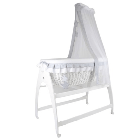 MJ Marks Miranda White Wicker Swinging Crib with Grey Star Bedding & Drapes