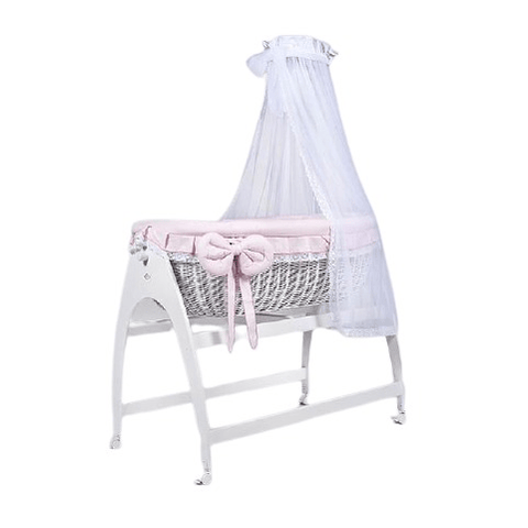MJ Marks Miranda White Wicker Swinging Crib with Pink Lace Bedding & Drapes