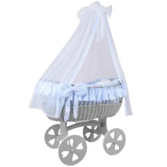 MJ Marks Ophelia Grey and Blue Wicker Crib with Drapes - Heart Wheels