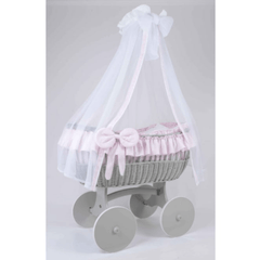MJ Marks Ophelia Grey and Pink Wicker Crib with Drapes