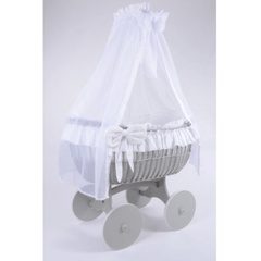 MJ Marks Ophelia Grey and White Wicker Crib with Drapes