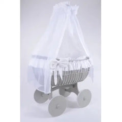 MJ Marks Ophelia Grey and White Wicker Crib with Drapes