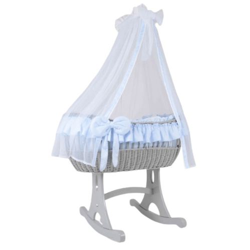 MJ Marks Ophelia Rocking Crib Grey Wicker Crib with Blue Bedding & Drapes  Mj Marks   