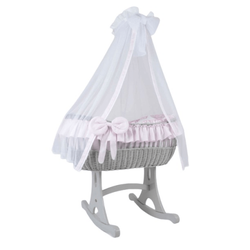 MJ Marks Ophelia Rocking Crib Grey Wicker Crib with Pink Bedding & Drapes  Mj Marks   