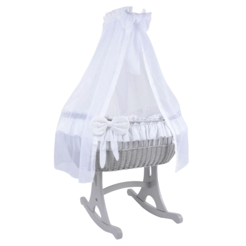 MJ Marks Ophelia Rocking Crib Grey Wicker Crib with White Bedding & Drapes  Mj Marks   