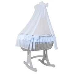 MJ Marks Ophelia Rocking Crib Grey Wicker Crib with Blue Bedding & Drapes  Mj Marks   