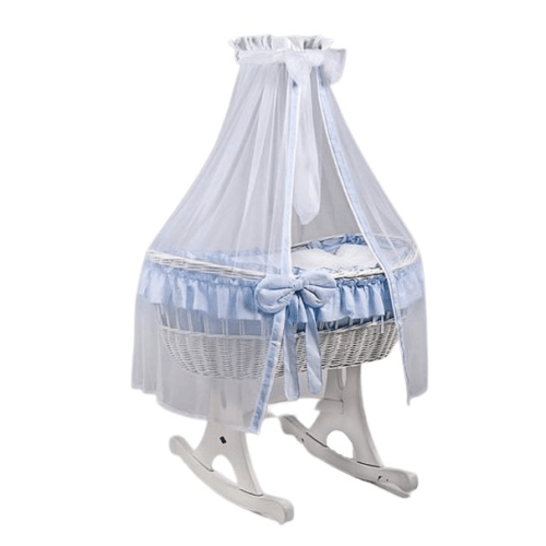 MJ Marks Ophelia Rocking Crib White Wicker Crib with Blue Bedding & Drapes  Mj Marks   