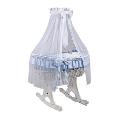 MJ Marks Ophelia Rocking Crib White Wicker Crib with Blue Bedding & Drapes