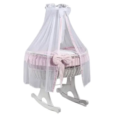 MJ Marks Ophelia Rocking Crib White Wicker Crib with Pink Bedding & Drapes  Mj Marks   