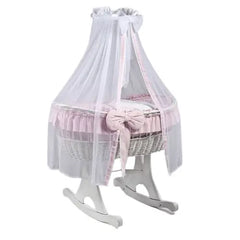 MJ Marks Ophelia Rocking Crib White Wicker Crib with Pink Bedding & Drapes