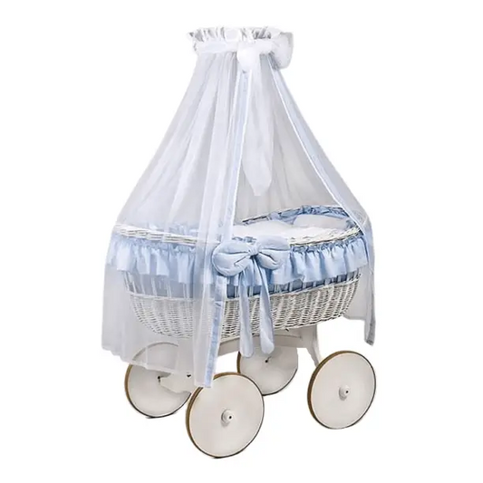 MJ Marks Ophelia White and Blue Wicker Crib with Drapes  Mj Marks   