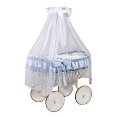 MJ Marks Ophelia White and Blue Wicker Crib with Drapes