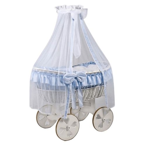 MJ Marks Ophelia White and Blue Wicker Crib with Drapes - Heart Wheels  Mj Marks   