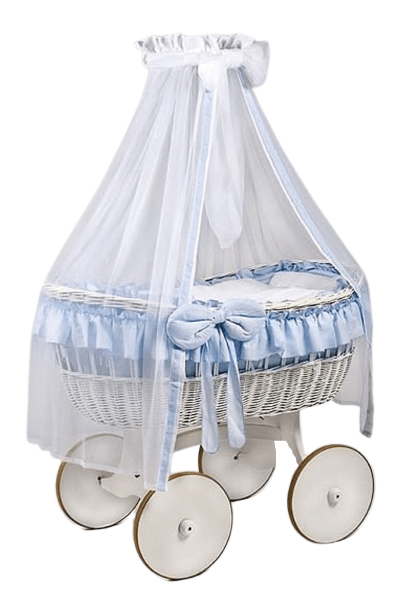 MJ Marks Ophelia White and Blue Wicker Crib with Drapes  Mj Marks   