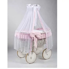 MJ Marks Ophelia White and Pink Wicker Crib with Drapes