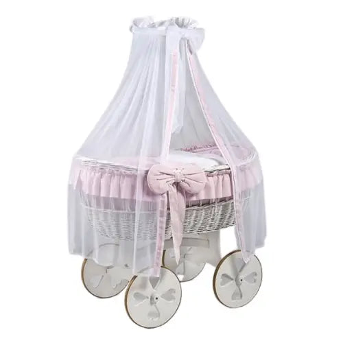 MJ Marks Ophelia White and Pink Wicker Crib with Drapes - Heart Wheels  Mj Marks   
