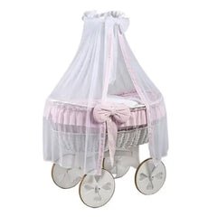 MJ Marks Ophelia White and Pink Wicker Crib with Drapes - Heart Wheels