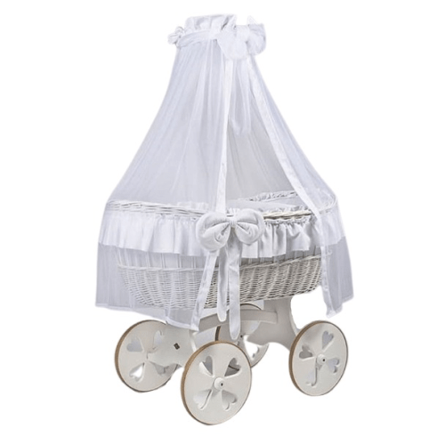 MJ Marks Ophelia White and White Wicker Crib with Drapes - Heart Wheels  Mj Marks   