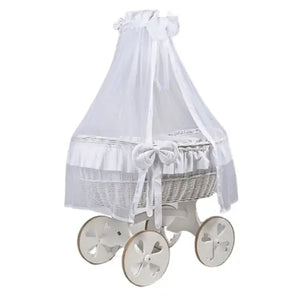 MJ Marks Ophelia White and White Wicker Crib with Drapes - Heart Wheels  Mj Marks   
