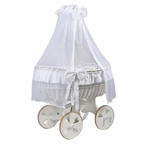 MJ Marks Ophelia White and White Wicker Crib with Drapes - Heart Wheels  Mj Marks   