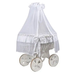 MJ Marks Ophelia White and White Wicker Crib with Drapes - Heart Wheels