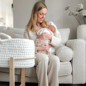 Clair de Lune Crochet Moses Basket with Wooden Rocking Stand – White