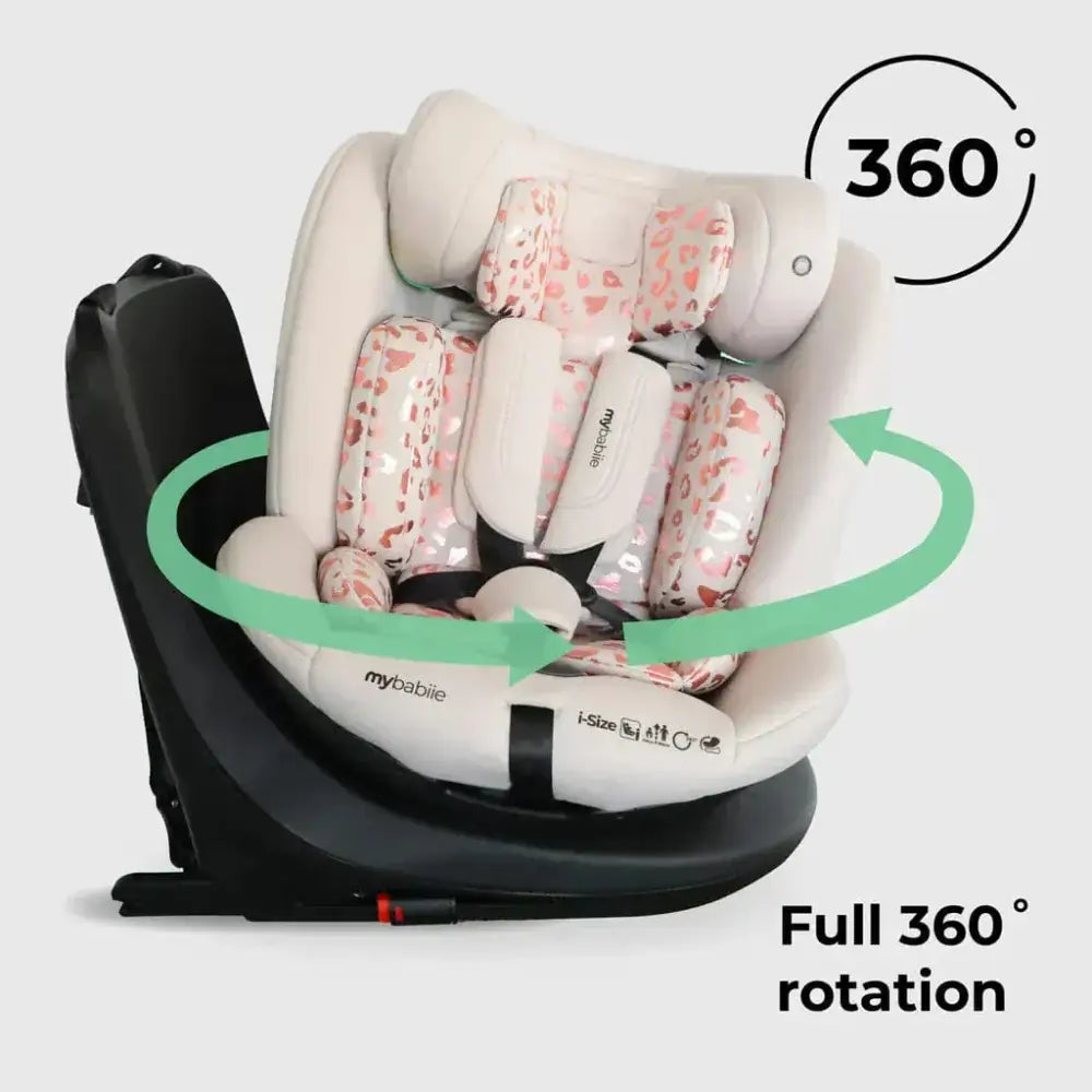 My Babiie Easy Spin Car Seat with Top Teather in Blush Leopard – Grows from Newborn to 12 Years My Babiie