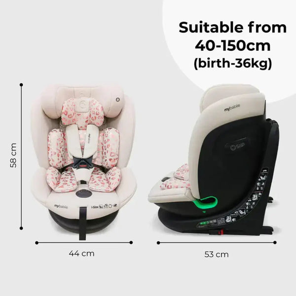 My Babiie Easy Spin Car Seat with Top Teather in Blush Leopard – Grows from Newborn to 12 Years My Babiie