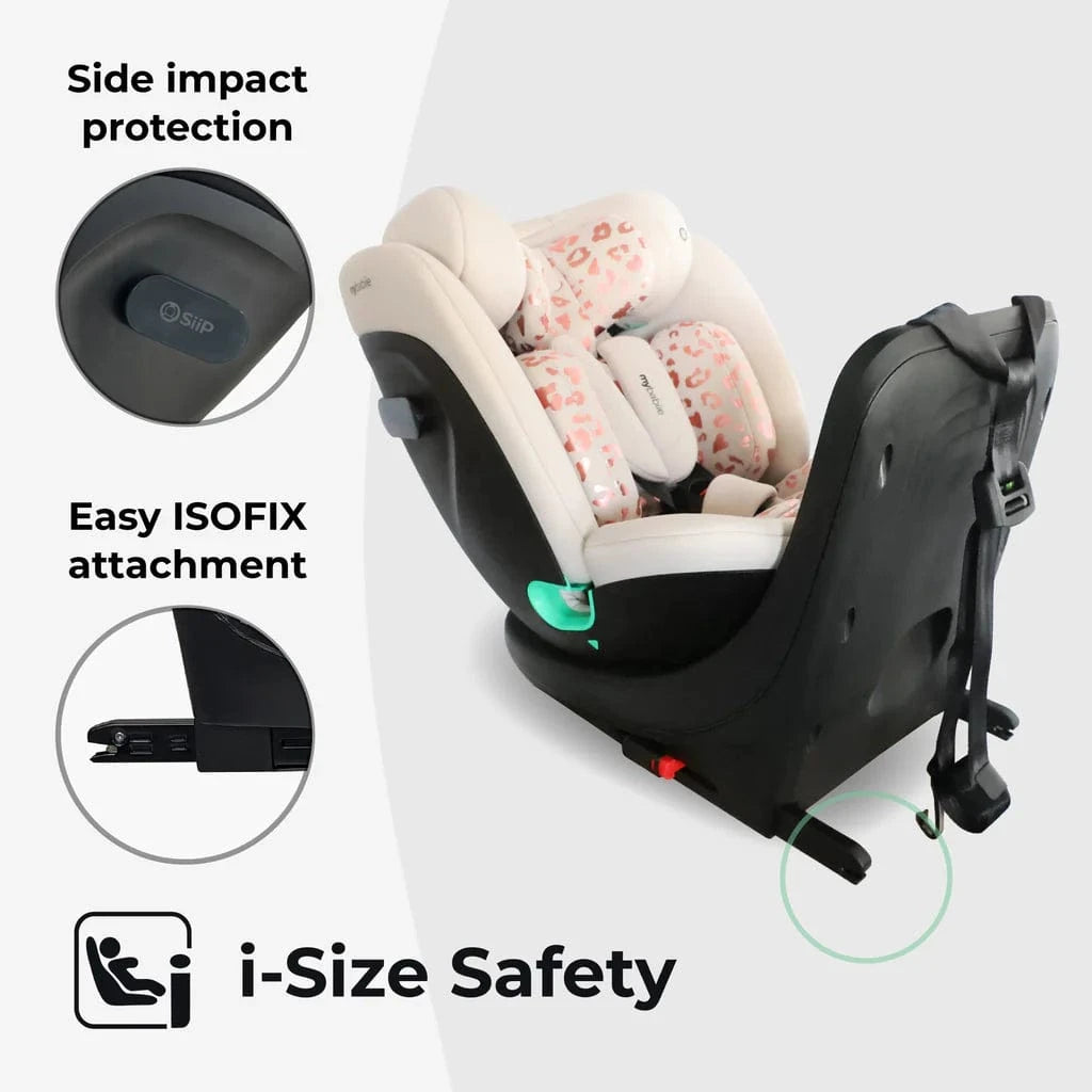 My Babiie Easy Spin Car Seat with Top Teather in Blush Leopard – Grows from Newborn to 12 Years My Babiie