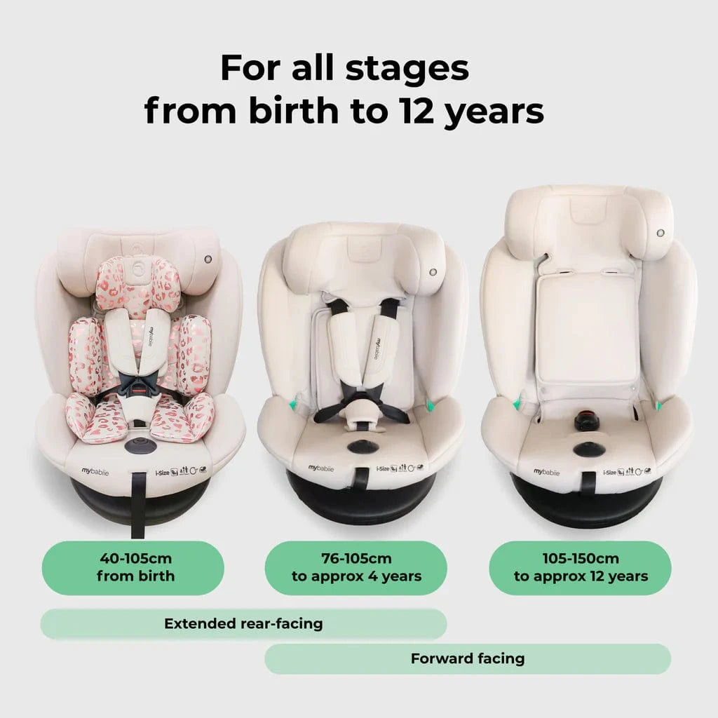 My Babiie Easy Spin Car Seat with Top Teather in Blush Leopard – Grows from Newborn to 12 Years My Babiie
