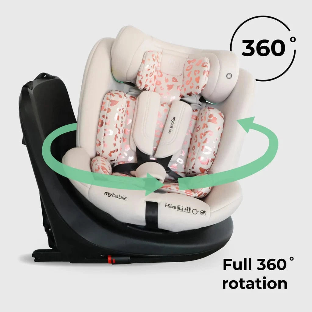 My Babiie Easy Spin Car Seat with Top Teather in Blush Leopard – Grows from Newborn to 12 Years My Babiie