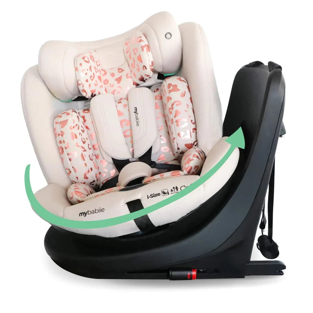 My Babiie Easy Spin Car Seat with Top Teather in Blush Leopard – Grows from Newborn to 12 Years My Babiie