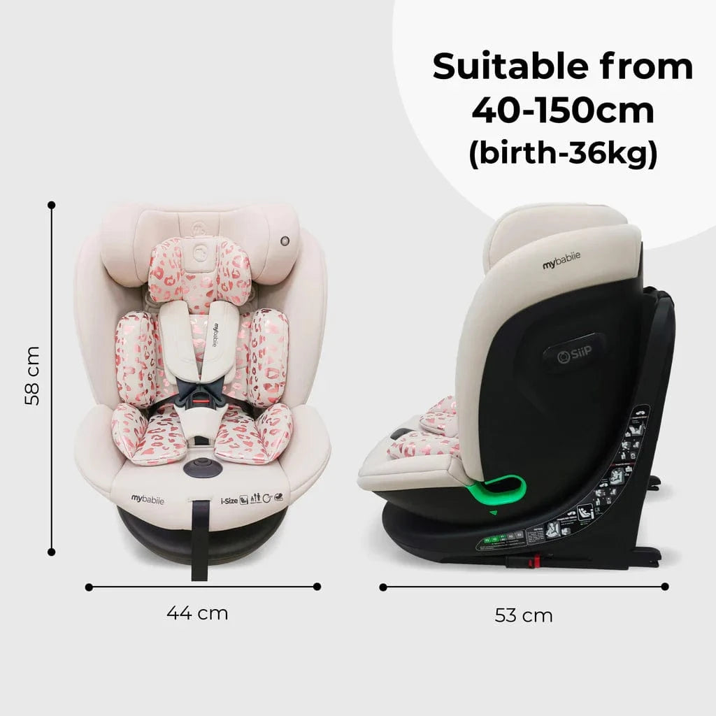 My Babiie Easy Spin Car Seat with Top Teather in Blush Leopard – Grows from Newborn to 12 Years My Babiie