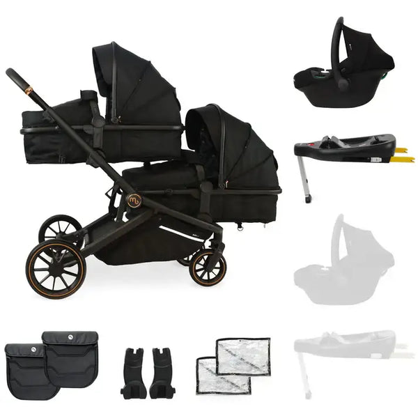 My Babiie MB33 Tandem Single to Double Pram - Black - Add One i-Size Infant Carrier + Isofix Base