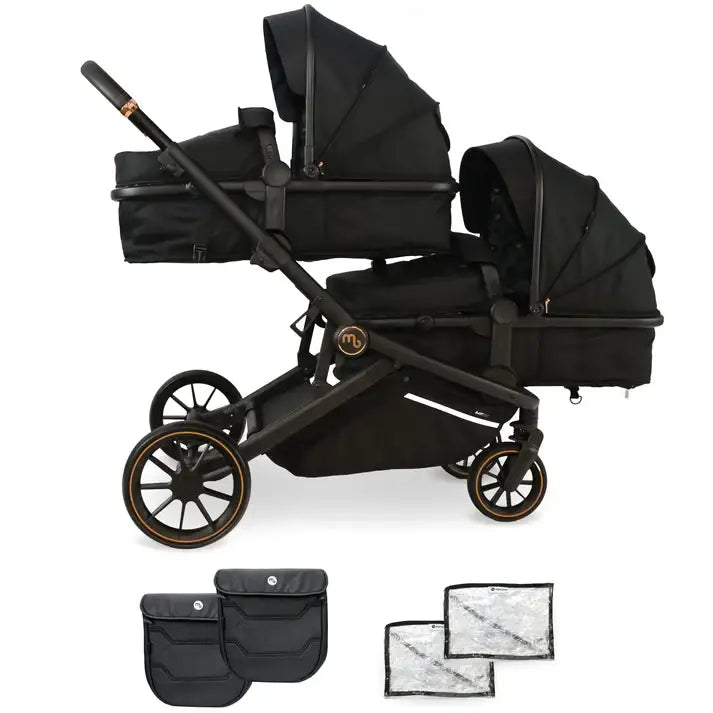My Babiie MB33 Tandem Single to Double Pram - Black - Pushchair Bundle with accessories (No Car Seats)