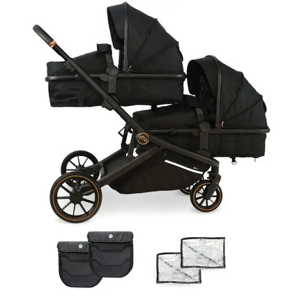 My Babiie MB33 Tandem Single to Double Pram - Black - Pushchair Bundle with accessories (No Car Seats)