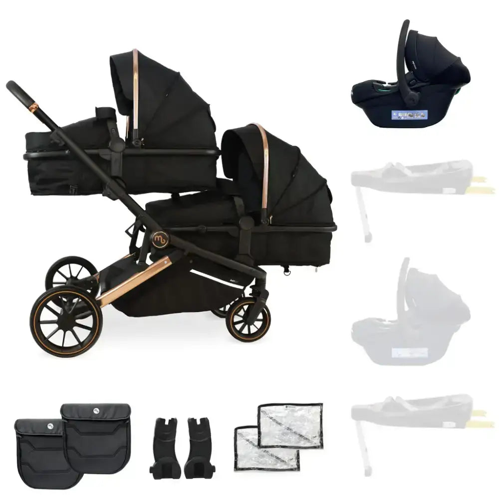 My Babiie Add One i-Size Infant Carrier My Babiie MB33 Tandem Single to Double Pram -  Black & Rose Gold | Twins & Siblings