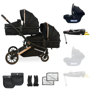 My Babiie Add One i-Size Infant Carrier + Isofix Base My Babiie MB33 Tandem Single to Double Pram -  Black & Rose Gold | Twins & Siblings