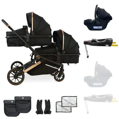 My Babiie Add One i-Size Infant Carrier + Isofix Base My Babiie MB33 Tandem Single to Double Pram -  Black & Rose Gold | Twins & Siblings