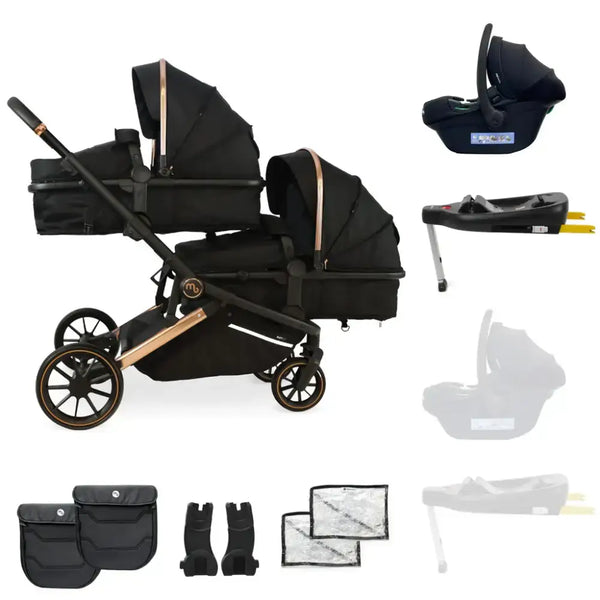 My Babiie Add One i-Size Infant Carrier + Isofix Base My Babiie MB33 Tandem Single to Double Pram -  Black & Rose Gold | Twins & Siblings
